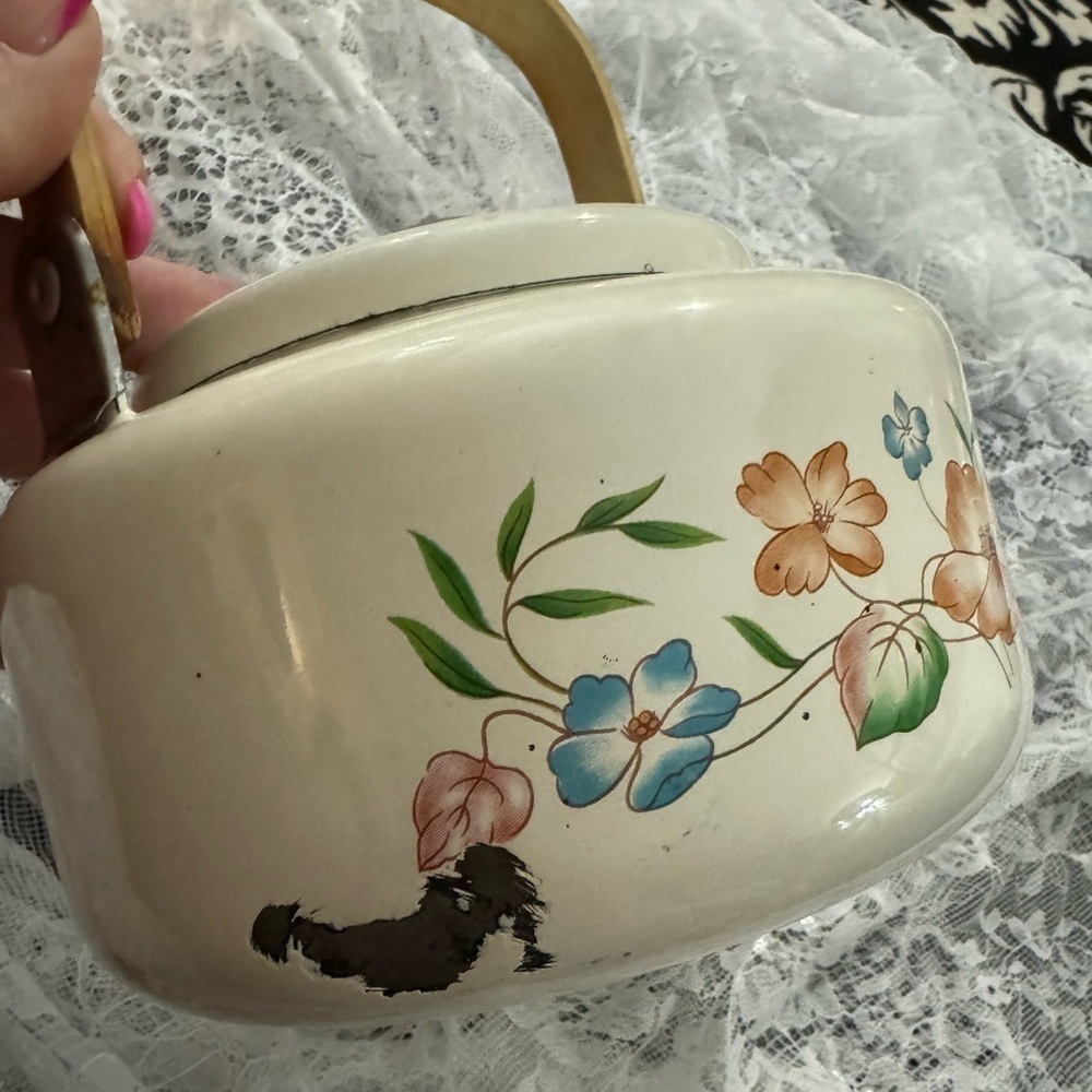 VTG Floral MCM Enamel Wood Handle Teapot Kettle Cottagecore Shabby Chic Patina - Picture 13 of 16